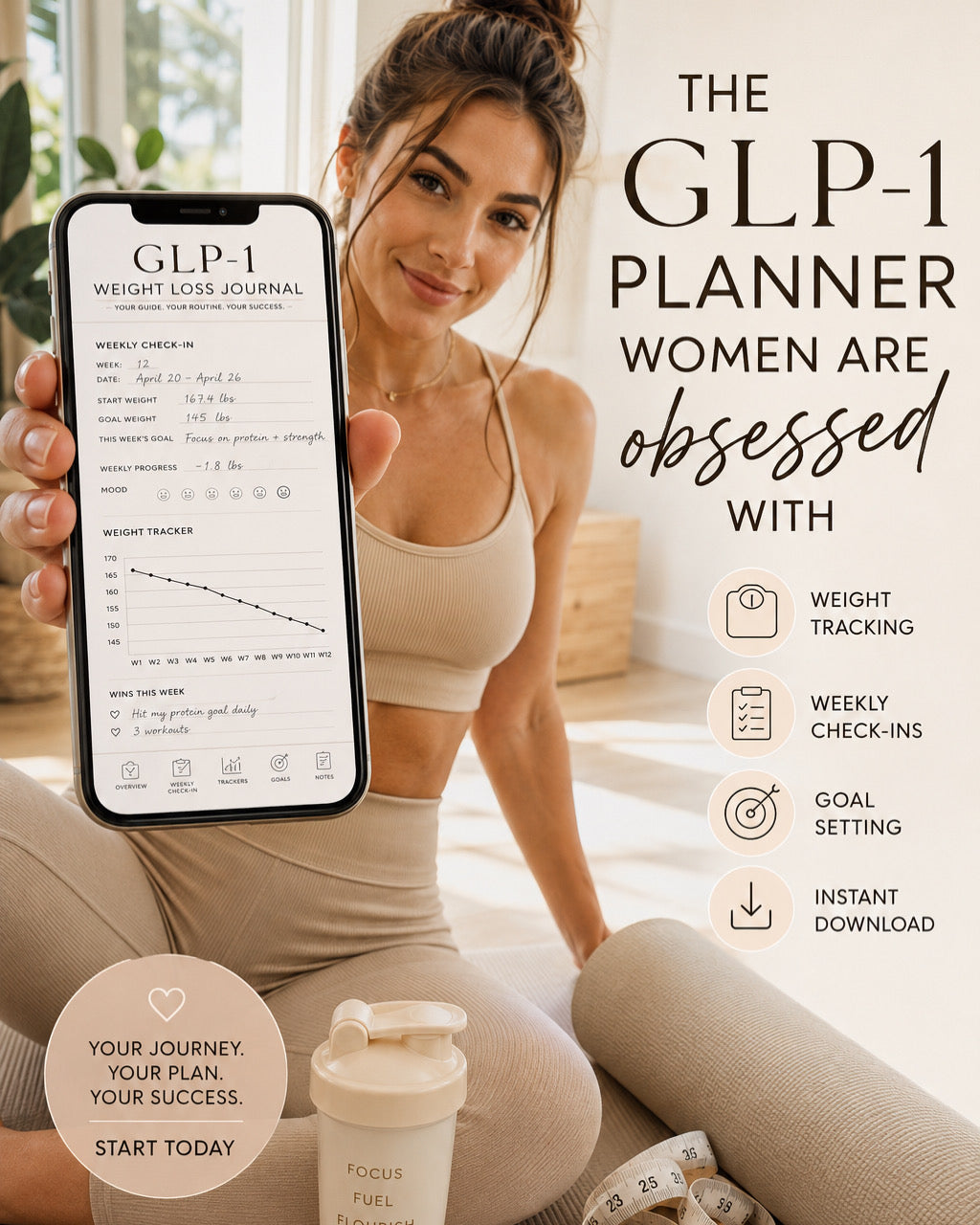 Digital GLP-1 Weight Loss Journal & Tracker | 16-Week Wellness & Progress Planner PDF